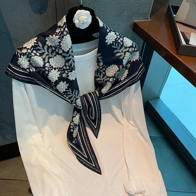 Spring and Autumn Premium Triangle Scarf Double Layer Satin Korean Edition Small Shawl Silky Smooth Foreign Style Neck Protection Silk Scarf Scarf