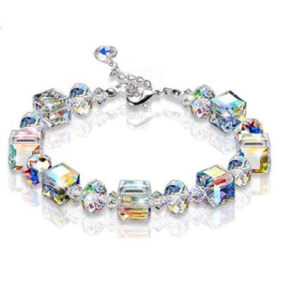 Women's Multicolor Crystal Charm Bracelet with Square and Round Links, Adjustable for Summer Parties AVE