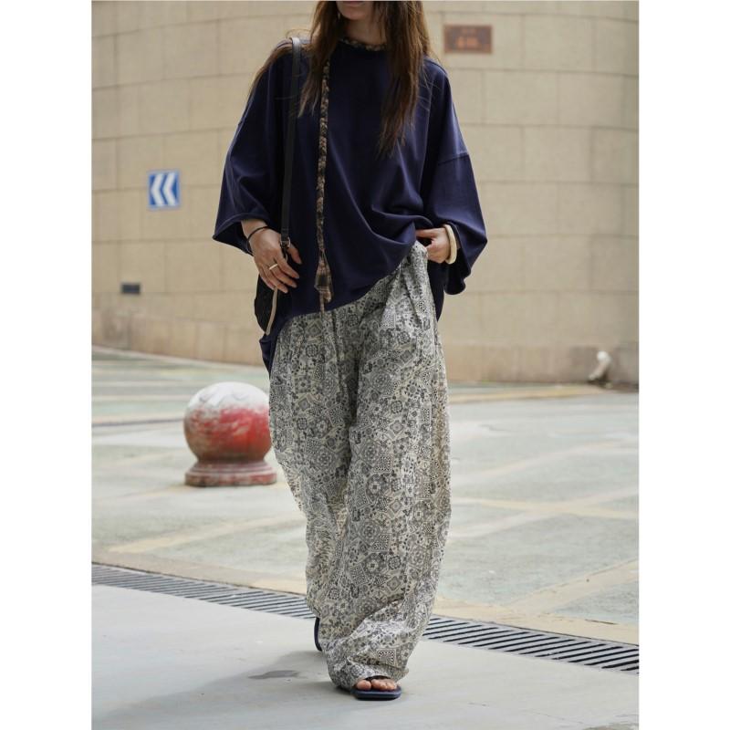 Johnature Bohemian Ethnic Style Cashew Flower Wide-leg Casual Women Pants Summer Long Casual Trousers