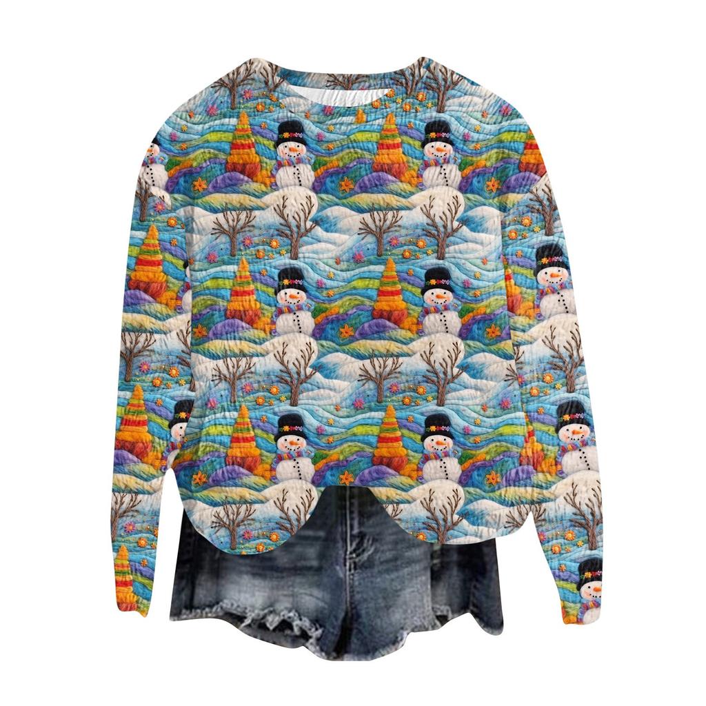 Women's Fashion Round Neck Pullover Top Long Sleeve Tee Christmas Printed Sweatshirt