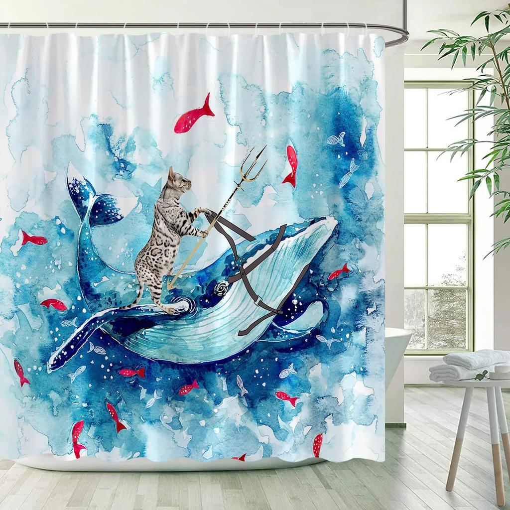 Lustige Katzen Duschvorhänge Meereswellen Haie Vögel Lustige Tiere Ozeanlandschaft Stoff Badezimmerdeko Kinder Badvorhang Sets