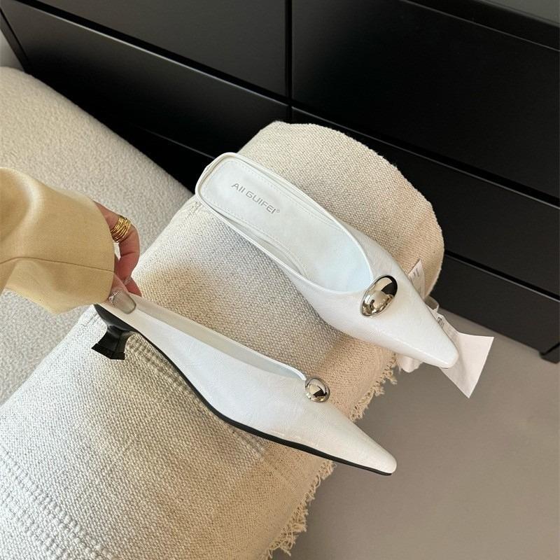 Fashion French Style High Heel Slippers Women Pointed Toe Metal Buckle Slip On Mules