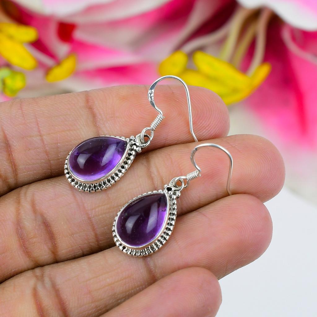 Natural Amethyst Gemstone Handmade 925 Solid Sterling Silver Earring 1.25" O3j33