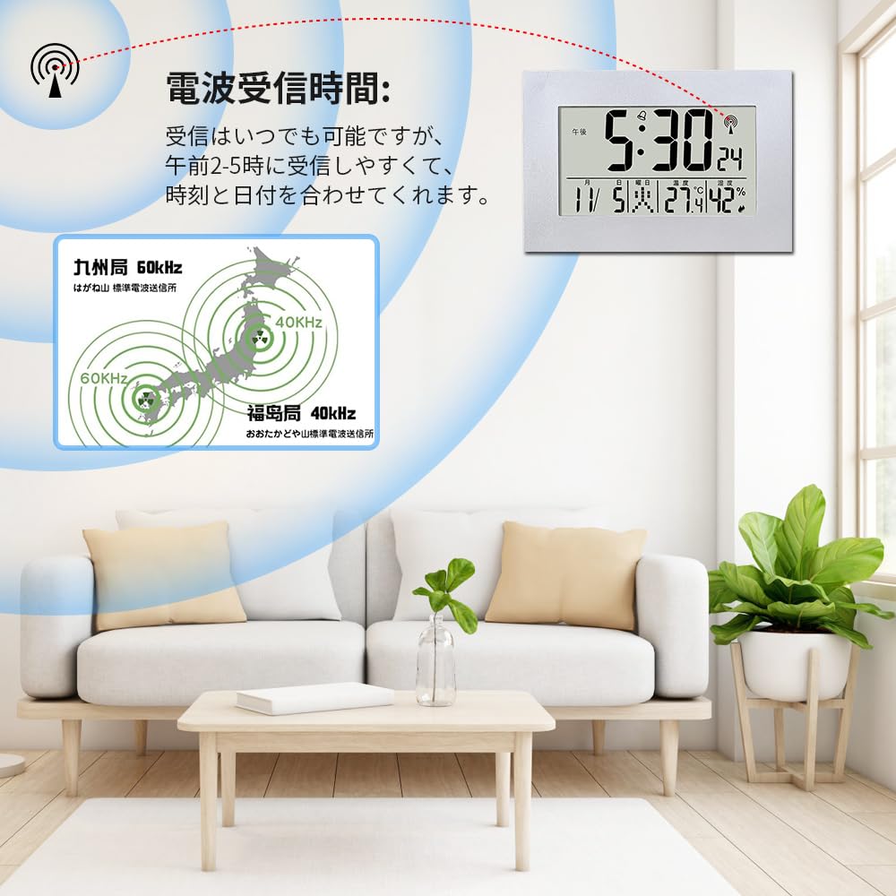 Table Clock, Alarm Clock, Radio-Controlled Clock, Temperature and Humidity Gauge, Digital Wall Clock, Calendar (Date and Day Display), Bedroom/Tableto