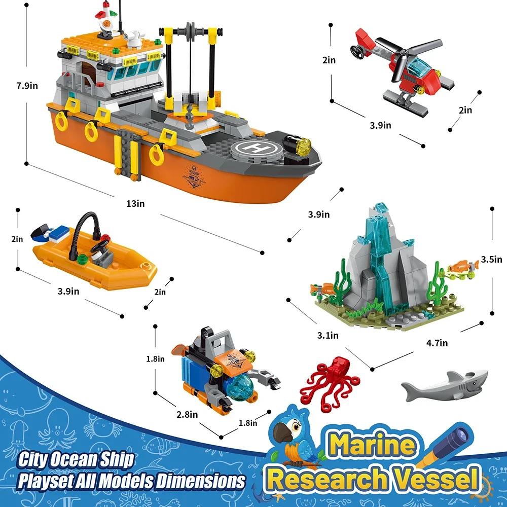City Ocean Explorer Ship Building Set Fun Toy Boat Building Block Kit with LED Lights Helicopter Submarine and Shark Cage