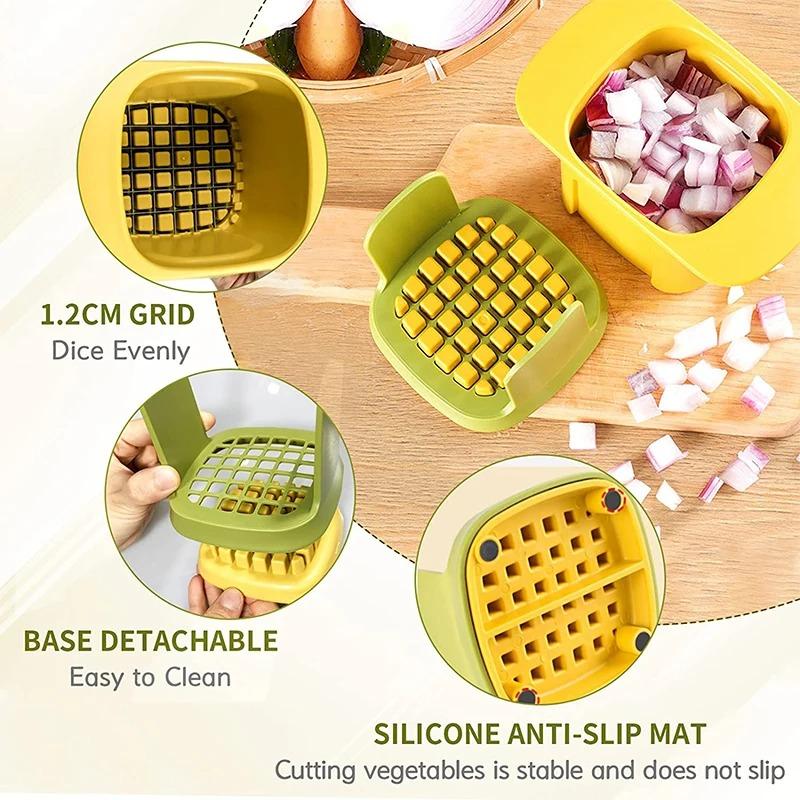 2 em 1 Cortador de Legumes Ferramenta de Corte em Cubos Pressão Manual Batata Cenoura Cebola Cortador Fatiador Chopper Chips Caixa de Corte Gadgets(Branco amarelado)