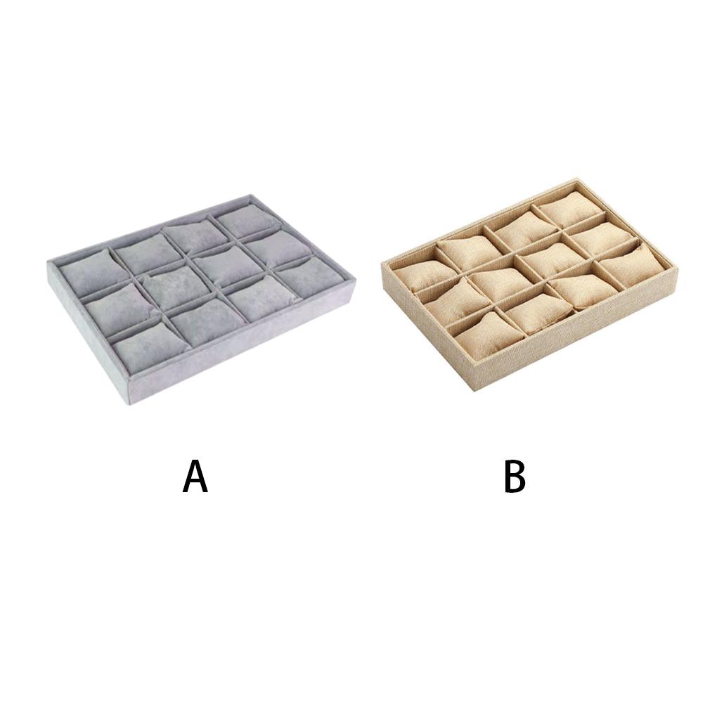 Velour Linen Bracelet Box Watch Stud Tray 12 Grid Plate with Pillow Home Organization Jewelry Multifunction Case