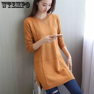 Mid Length Sweater Women's Loose Solid Color Knitwear Korean Pullover Sweater Split Knit Sweater Autumn and Winter