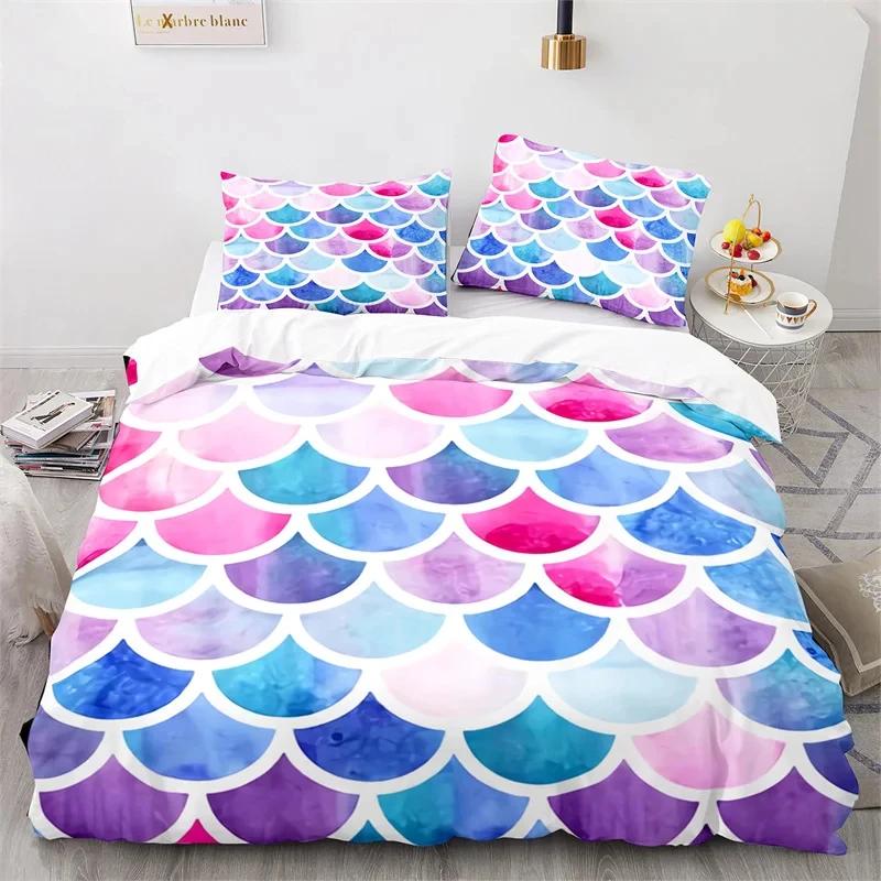 Colorful Fish Scales Bedding Set Twin King For Boys Girl Blue Pink Mermaid Skin Surface Print Duvet Cover Polyester Quilt Cover