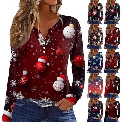 Women's T Shirt Tee Christmas Print Button Long Sleeve Daily Weekend Fashion Basic V- Neck Regular Top