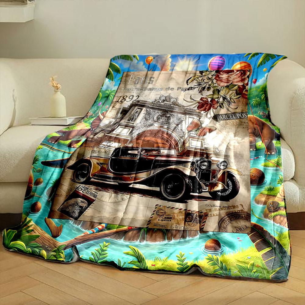 Retro Parisian Classic Car Floral Blanket bedroom Blanket for Livingroom Couch lunch break Soft throw for Friend's festival Gift