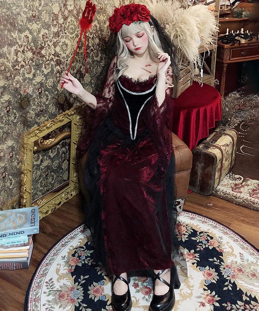 [Milky Time] Vampire Halloween Cosplay Bride Zombie Costume with Rose and Red Veil Set