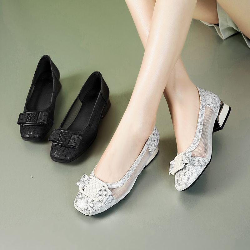 Scarpe Eleganti con Tacco Basso, Punta Tonda, in Rete Traspirante con Fiocco per Donna, Comode, Alta Qualità, Ultimo Modello alla Moda