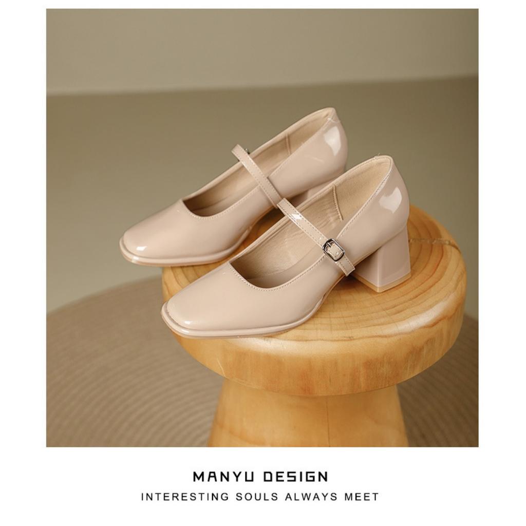 Patent Leather Thick High-heeled, New Women's Hundred with A Word with High-heeled Women's Single Shoes, Women's High-heeled Shoes, Elegant