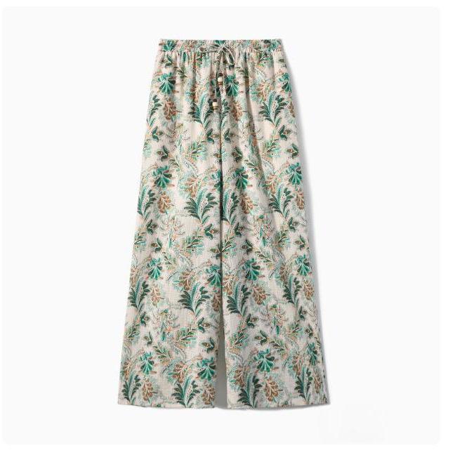 2025 Summer New Green Floral Versatile Wide-leg Pants Design High-end Seaside Vacation Cotton and Linen Casual Pants