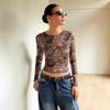 Spring Autumn Women's Mesh Sheer Leopard Print Crop Top Long Sleeve Slim Crew Neck Blouse