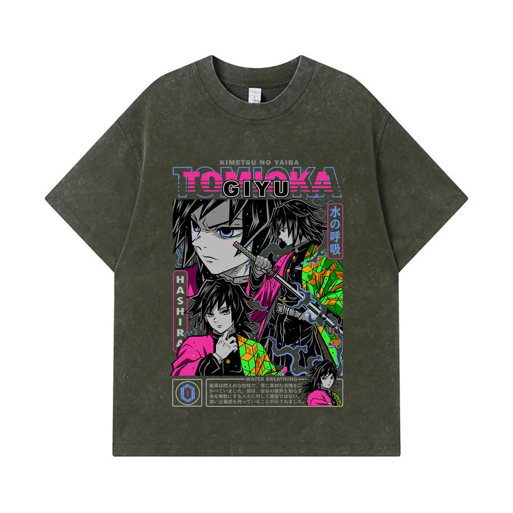 

275 GSM Washed T-shirts 100% Cotton Demon Slayer V10 Tomioka Print Unisex Heavy Cotton T Shirt S армия зеленый
