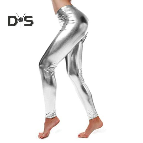 Women Pants Glossy Faux Leather Skinny Elastic High Waist Solid Color Smooth Soft Breathable Tummy Control Ankle Length Club Party Lady Long Trousers
