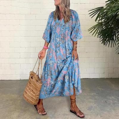 Lady Fall Dress Bubble Sleeves V-Neck Printing A-line Relaxed Fit Ankle Length Patchwork Bohemian Beach Maxi Dress Daily Wear Long Dre