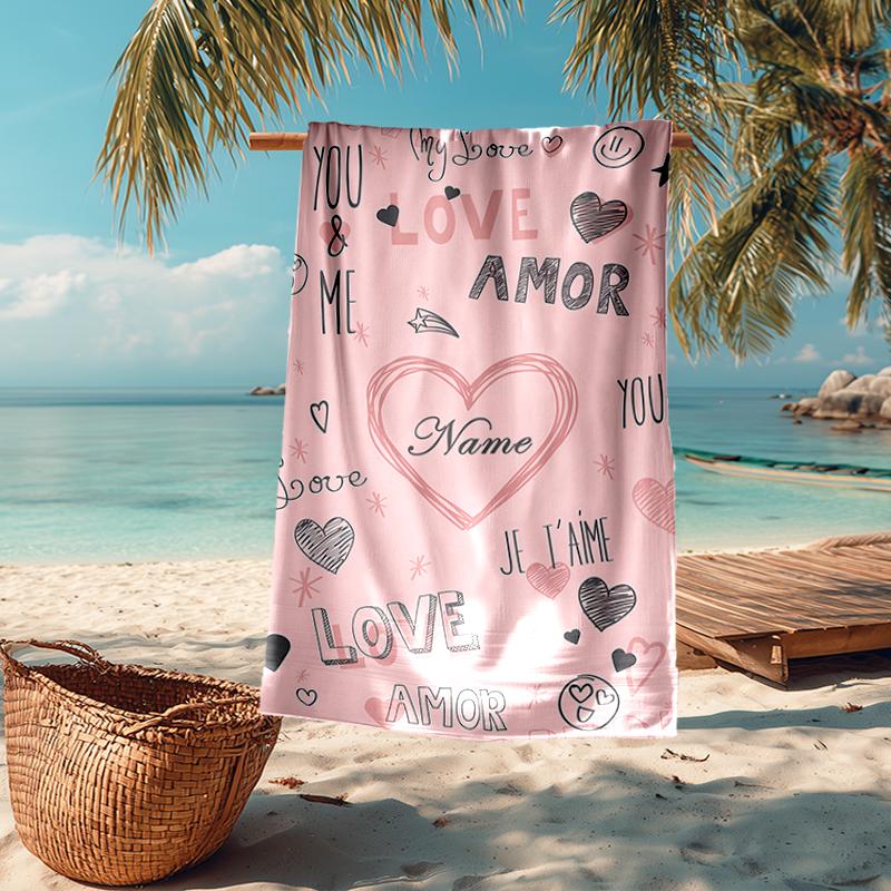 Custom Name Ultra-Soft Beach Towel with Love Theme,Ideal for Pool - Camping, Diving - Perfect Travel Essential, Vibrant Beach Towel.