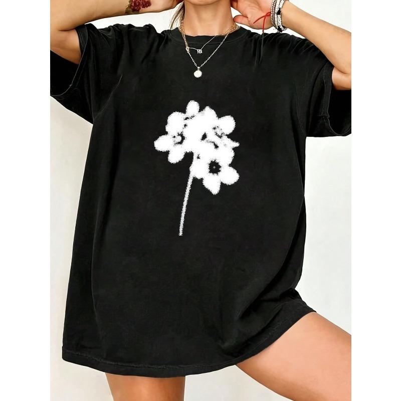 

Black Oversized T Shirt With White Floral Print For Casual Wear XXXXL чёрный