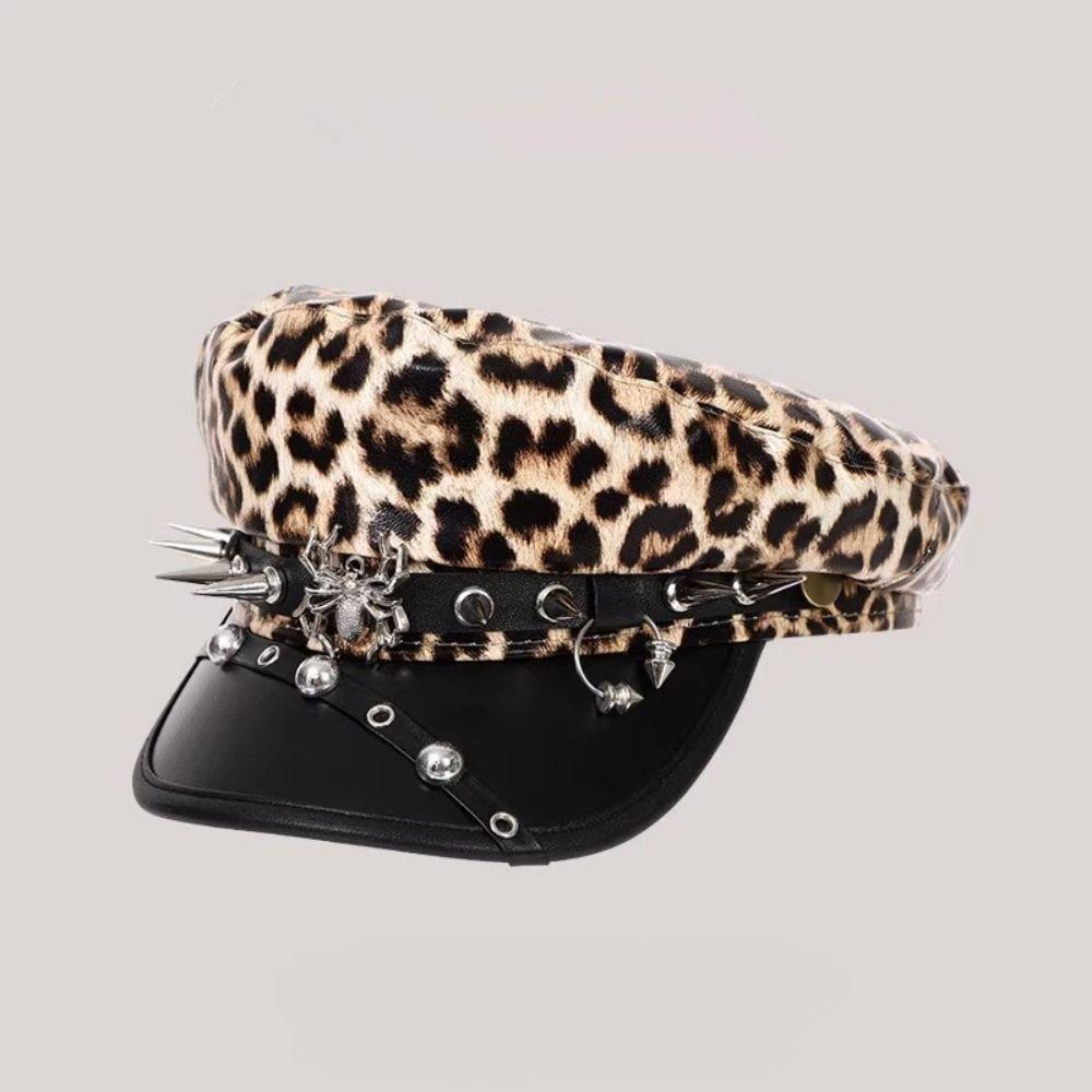 Punk Y2k Beret Hat Harajuku Flat Top Cap Vintage Rivet Leopard Hat  for Girls