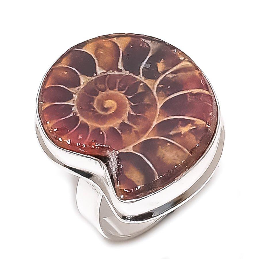 Natural Ammonite Fossil Gemstone 925 Sterling Silver Jewelry Ring Size 10 L3g46