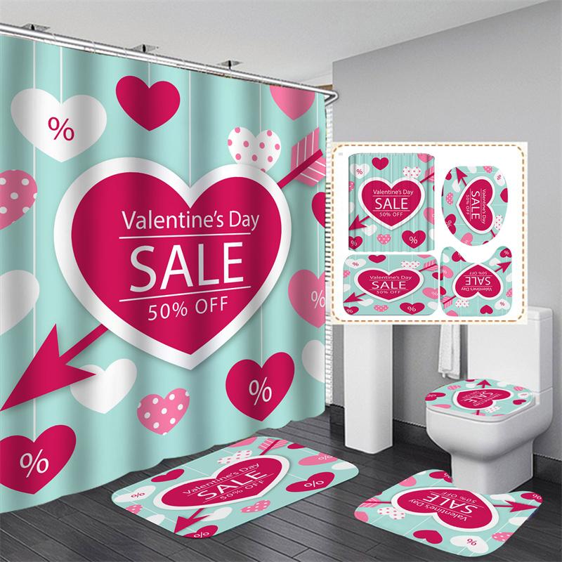 Valentine's Day Bathroom Bathing Waterproof Shower Curtain Home Entrance Doormat Bathtub 4Pcs Set Toilet Seat Cover Rugs Bath Non-Slip Floor Mat Love