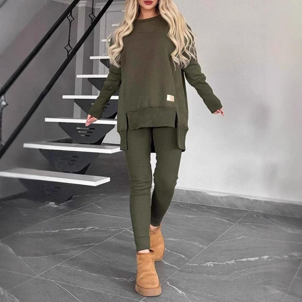 2024 Women's Casual Solid Color Round-Neck Top Set with Slit Long Sleeves for Autumn and Winter