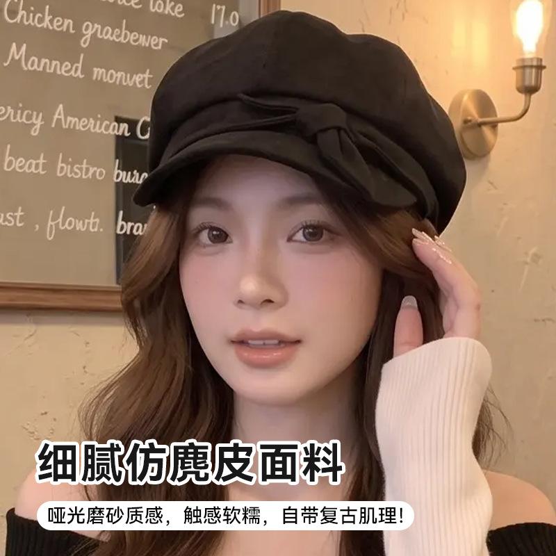 Women S Solid Color Suede Octagonal Hat With Bow For Autumn Winter