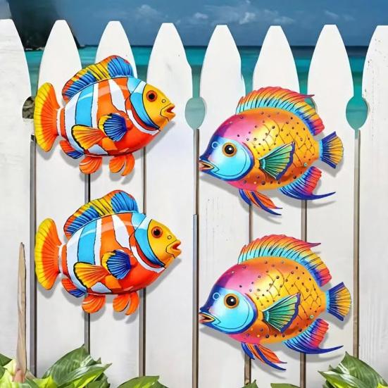 2 Pcs Wooden Fish Wall Art Tropical Fish Sculpture Coastal Beach Sea Animal Wall Hanging Ornament for Bathroom Pool Patio Fence Decor