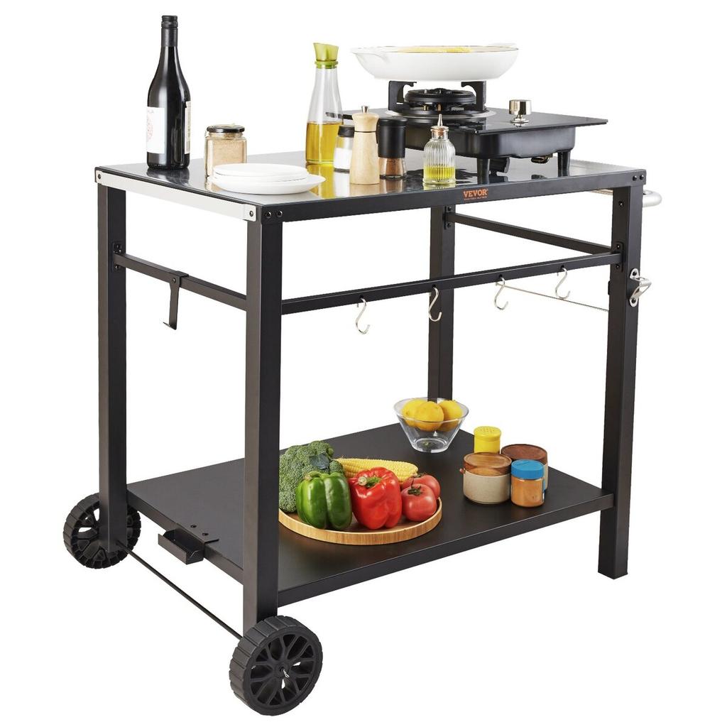 Outdoor Grill Dining Cart with Double-Shelf, BBQ Movable Food Prep Table, Multifunctional Iron Table Top, Portable Modular Carts for Pizza Oven,