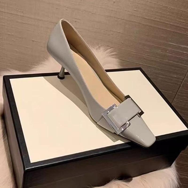 Fashion Metal Buckle Thin Heel Single Shoes Autumn New Square Toe Shallow Mouth Slip-on Kitten Heel Shoes