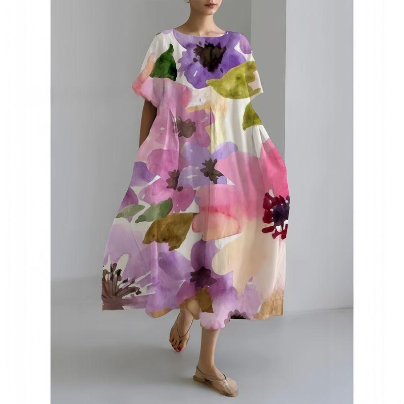 

Горячая Распродажа Цветы Летняя Изящная Европейский и Американский Ветер Повседневный Ветер Платье Большого Размера Модный Плиссированный Живопись Тушью Женский Pink and purple large-flowered Dress L