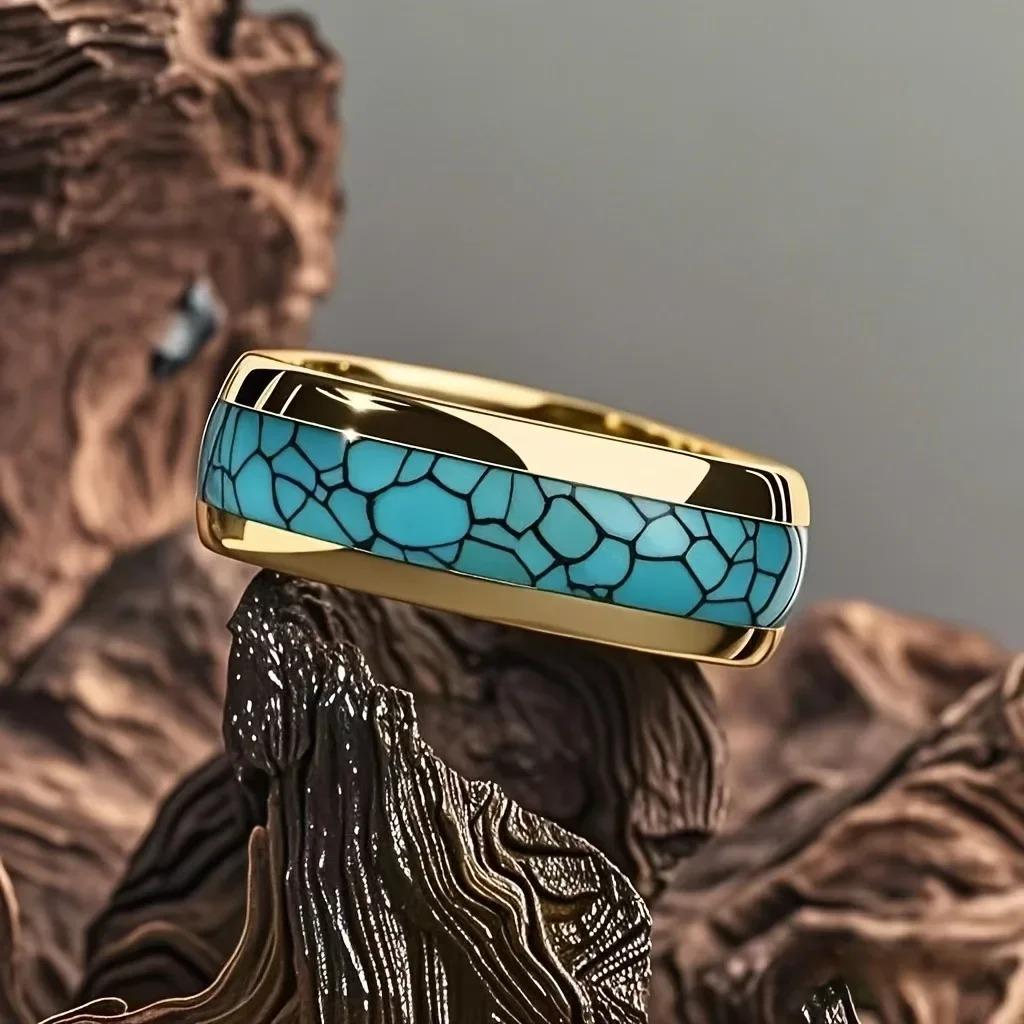 Fashion Inlay Simulated Ambers Stone Rings Wedding Band Jewelry Gifts 8mm Stainless Steel Guitar String Gold Color Rings for Men
