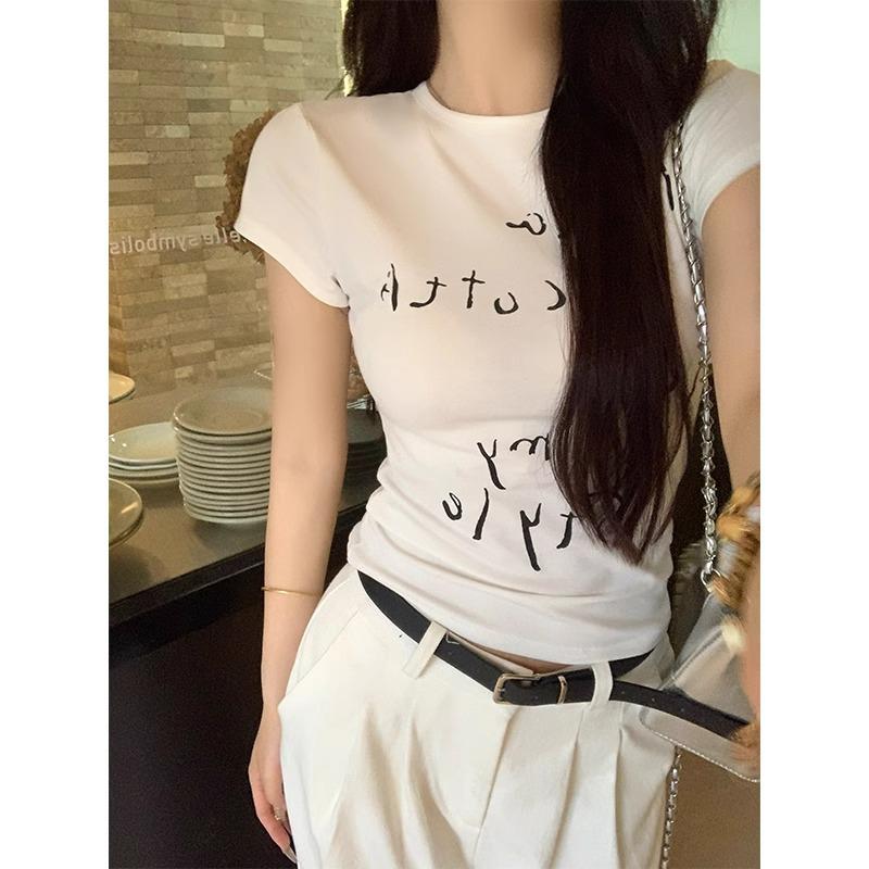 American Tight-fitting Hot Girl Letter Printed Short-sleeved T-shirt for Women Summer New Style Waist Slimming Chic Top for Small People
