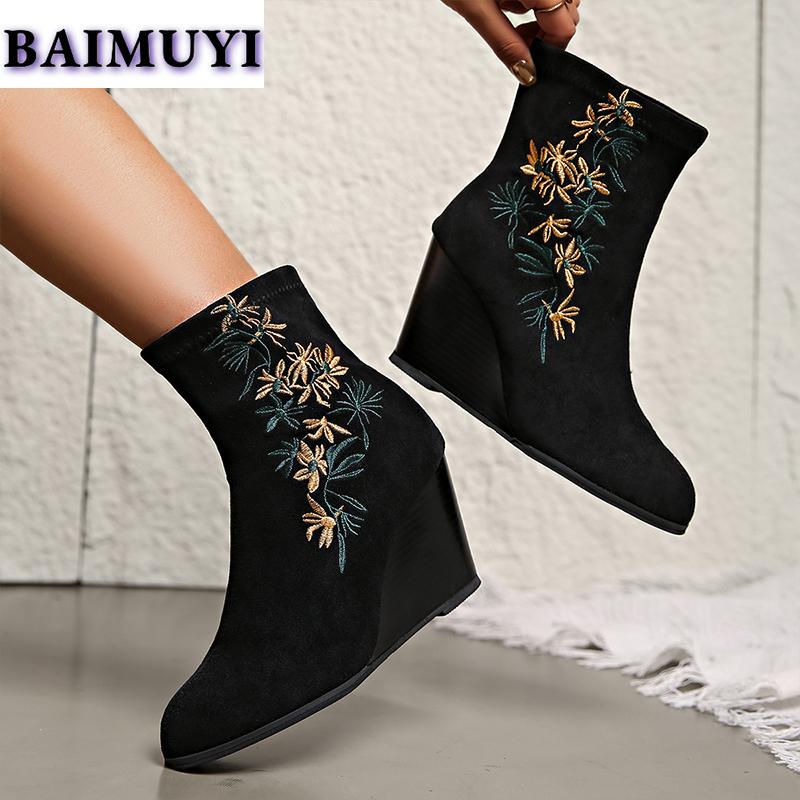 Print Wedges Women Suede Ankle Snow Boots High Heels Shoes 2025 Trend Winter New Sexy Chelsea Boots Elegant Pumps Mujer Botas