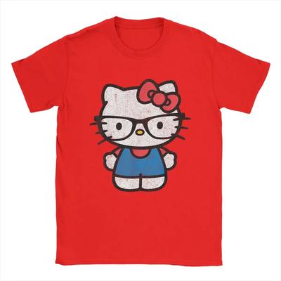 Μπλουζάκια Hello Kitty με Γυαλιά Νερντ σε Στυλ Παλαιωμένο για Άνδρες Νέες Πρωτότυπες Μπλούζες από 100% Βαμβάκι με Στρογγυλή Λαιμόκοψη Κοντομάνικο Ρούχα#Χρώμα(1)