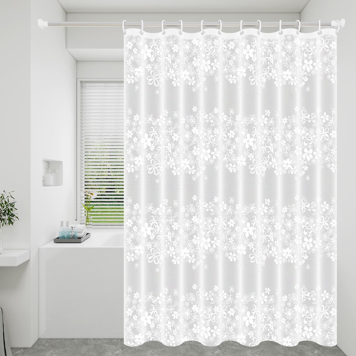 

1Pc Dreamy White Romantic Floral Shower Curtain Blooming Blossom Bath Accessory W60H190(CM)-1 Pcs