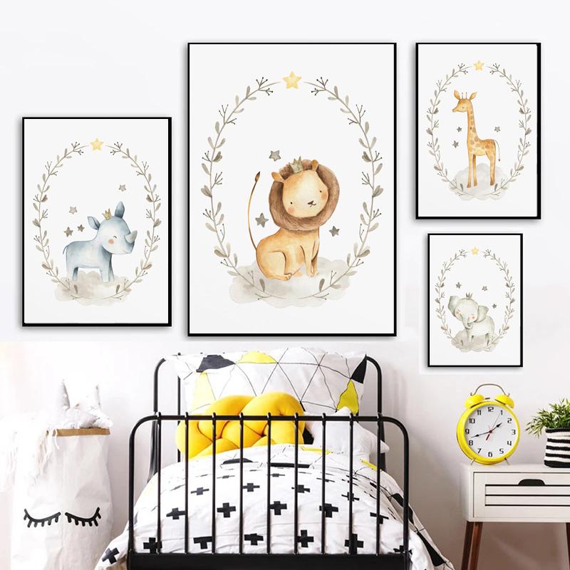 Cartoon Cute Animal Lion Giraffe Elephant Wall Art Canvas Painting Nursery Posters And Prints Wall Pictures Baby Kids Room Décor No Frame