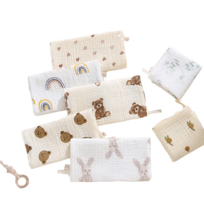 Children'S Towel Four-Layer Pure Cotton Gauze Saliva Towel Baby Face Towel Newborn Crepe Printed Soft Small Square Towel