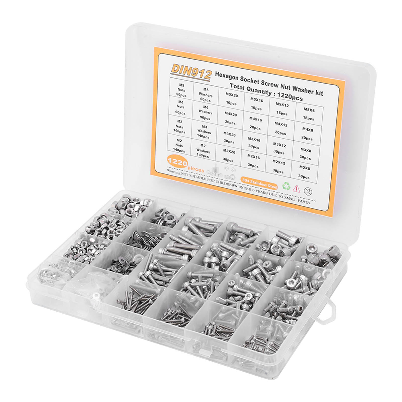 

Набор винтов, гаек и шайб, 1220 шт., M2 M3 M4 M5, круглая головка, шестигранное углубление, крепеж из нержавеющей стали