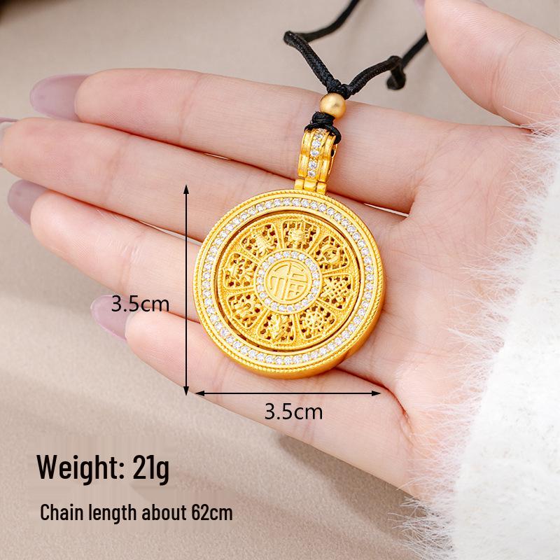 Ancient Gold Sand Eight-Treasure Compass Blessing Necklace - Chinese Retro Copper Alloy Jewelry