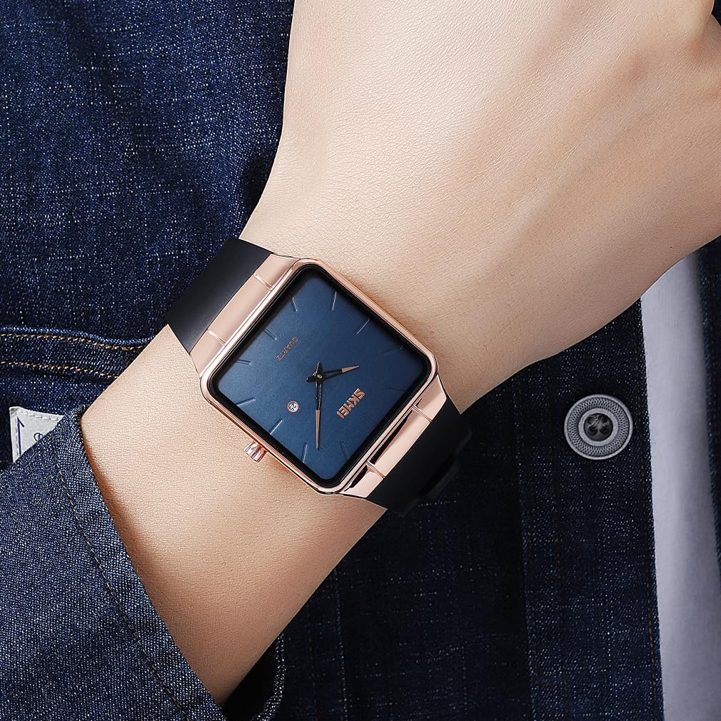 Square Watch Men Leather Strap Black Simple Thin Stylish Wristwatch Gentleman Waterproof Business Casual Male Gift Rose Gold Blue