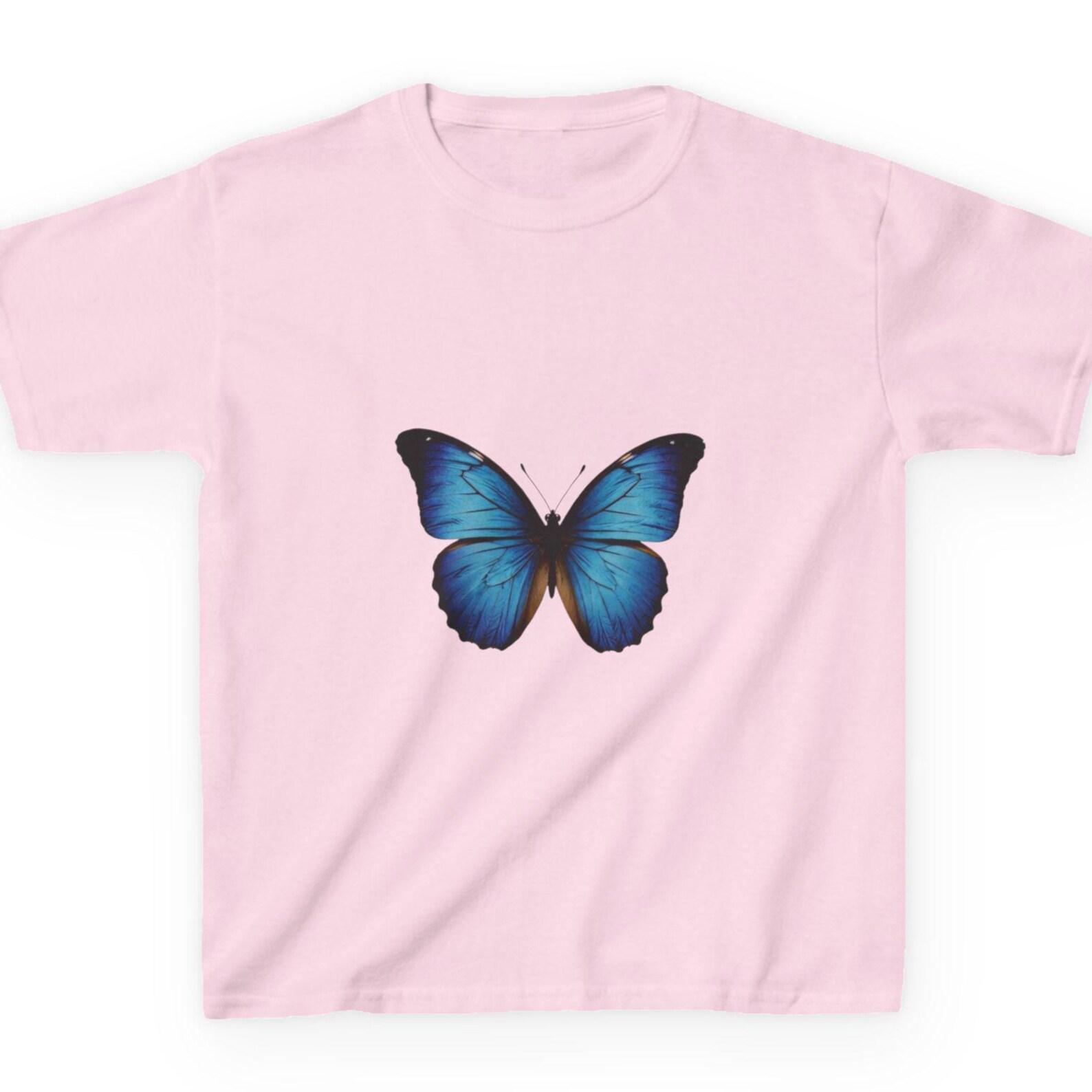 Blue Butterfly Kids T-Shirt | Minimalist Nature Tee | Cottagecore Aesthetic Kids Shirt | Whimsical Monarch Butterfly Top | Aesthetic 100
