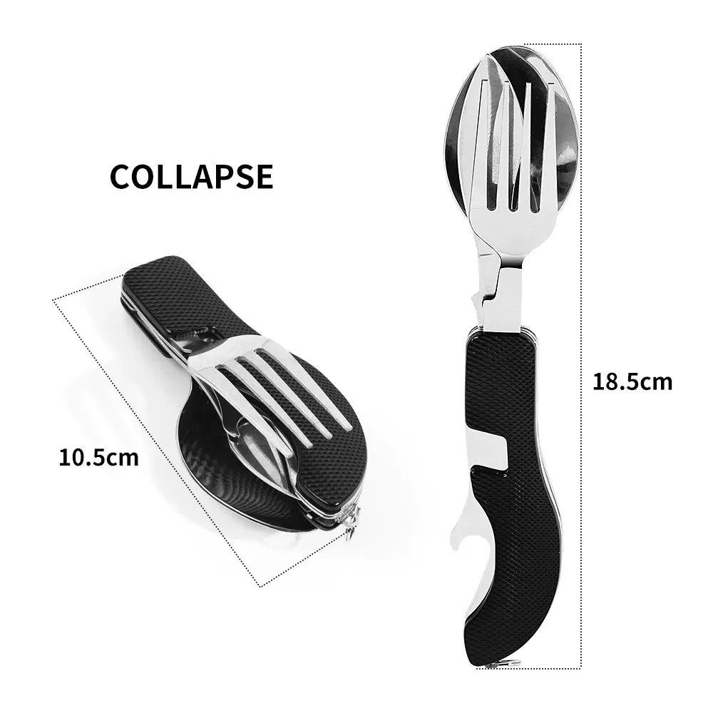 Foldable 4-in-1 Spoon Cutlery Opener Stainless Steel Foldable Pocket Cutlery Kit Outdoor Cutlery Set
