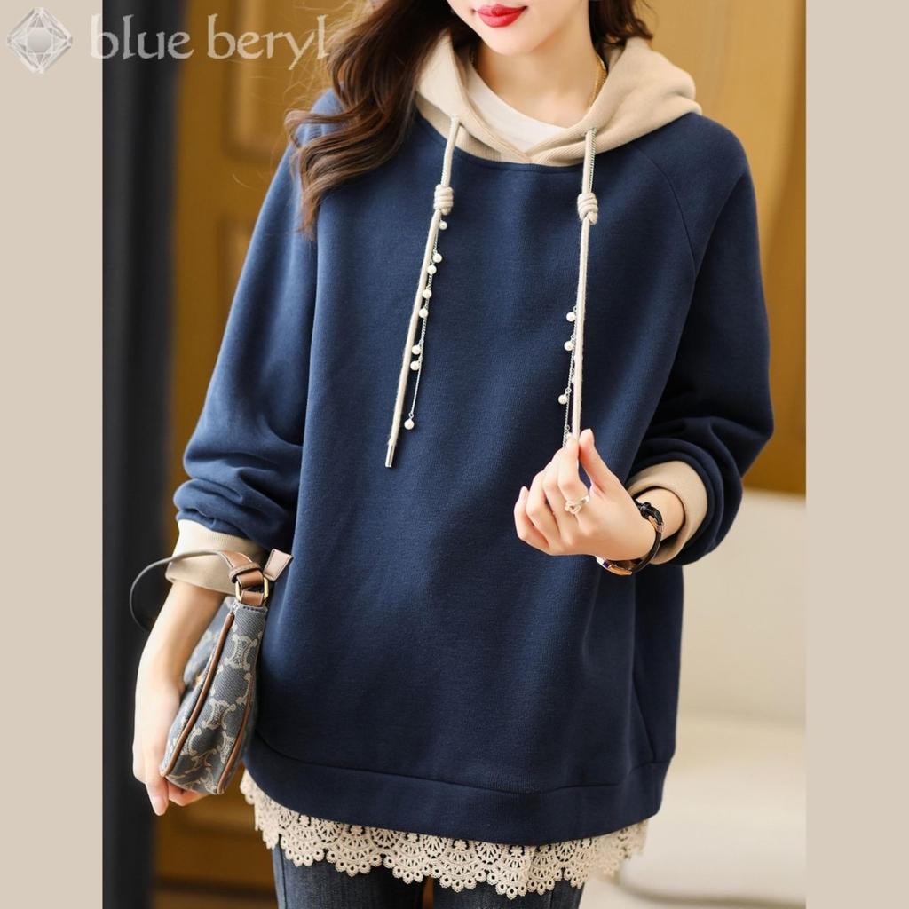 Blue Beryl Lace Long Fleece Loose [Limited Stock] Women's Hoodie, Pullover, Hem, Sleeves, Lining, Fit, Blue, BB028-BL-S