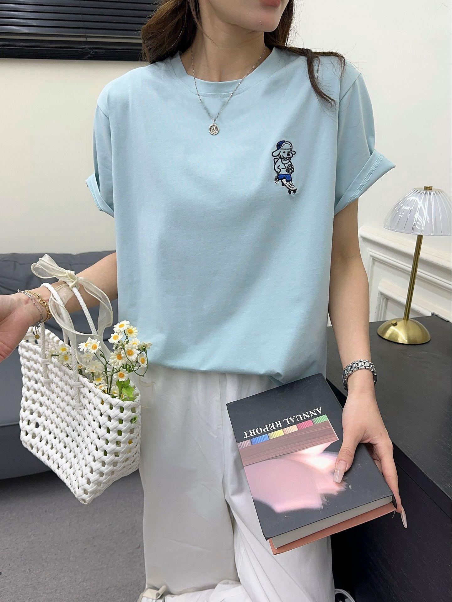 

Модная мультяшная футболка с вышивкой и коротким рукавом для женщин - Летняя повседневная футболка с рукавом до локтя и круглым вырезом One Size (90-150 jin)