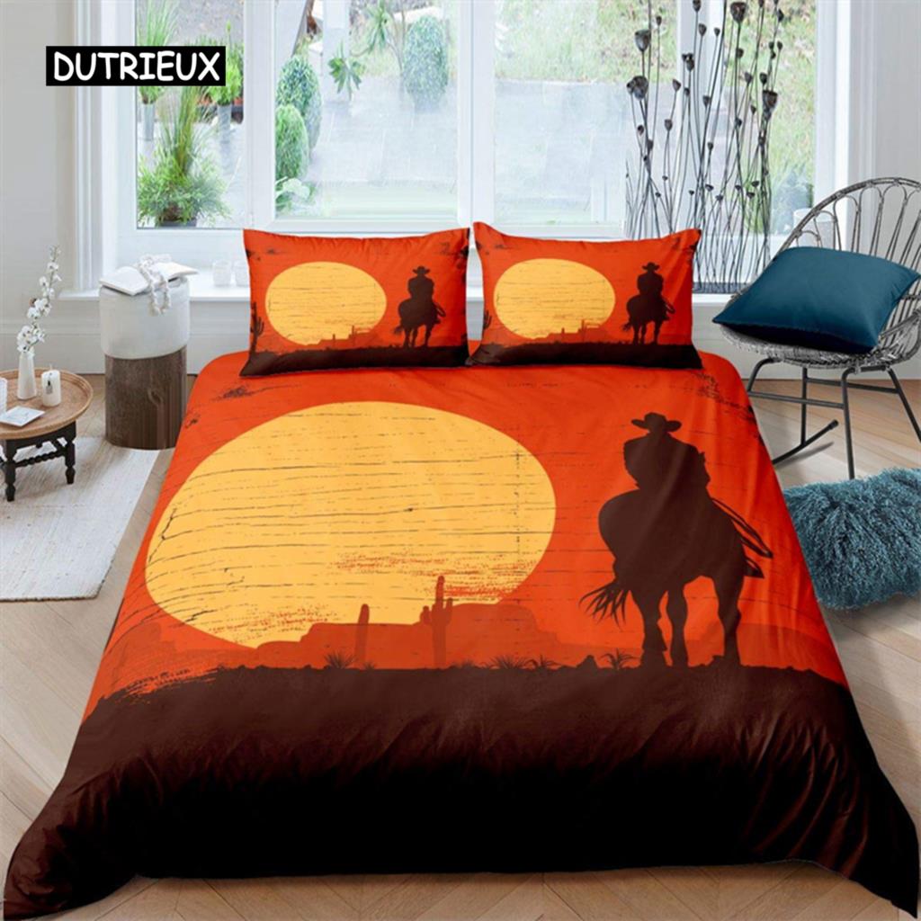 Western Cowboy Duvet Cover Rodeo Cowboy Riding Bull Horse Bedding Set Full For Boys Teen Microfiber Farmhouse Style Quilt Cover