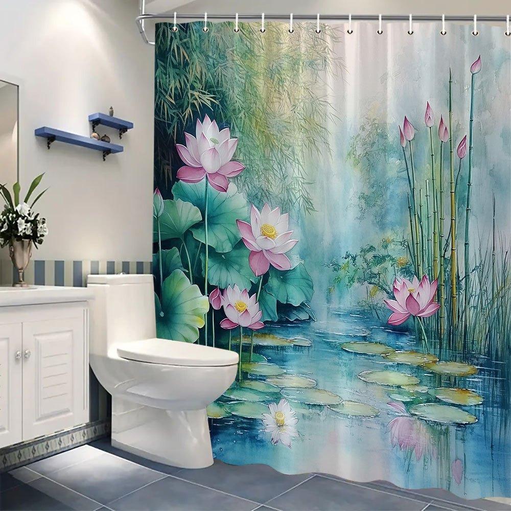 Farbige Bemalte Lotus Teich Duschvorhang Waschbar Schmutzabweisend Duschkopf Wasserdicht Polyester Badvorhang Für Heimdekoration